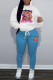 White Blue Casual Print Pocket Patchwork Hooded Long Sleeve Two Pieces