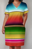 Black Red Casual Vacation Flowers Stripe Landscape printing Eye Pocket Contrast V Neck Printed Plus Size Dresses