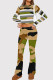 Army Green Casual Print Patchwork O Neck Long Sleeve Two Pieces