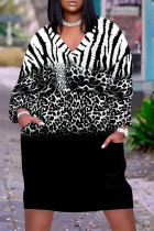 Black Casual Daily Flowers Faux Denim Print Pocket Contrast V Neck Printed Plus Size Dresses