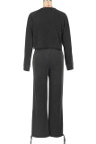 Dark Gray Casual Solid Color Draw String Patchwork O Neck Long Sleeve Two Pieces