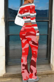Red Casual Print Patchwork O Neck Long Sleeve Two Pieces