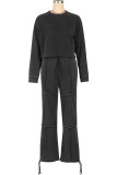 Dark Gray Casual Solid Color Draw String Patchwork O Neck Long Sleeve Two Pieces