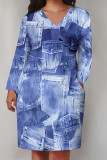 Black Casual Daily Flowers Faux Denim Print Pocket Contrast V Neck Printed Plus Size Dresses