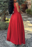 Red Elegant Solid Color Patchwork V Neck Long Dresses