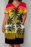 Black Red Casual Vacation Flowers Stripe Landscape printing Eye Pocket Contrast V Neck Printed Plus Size Dresses