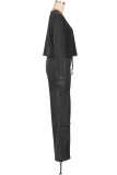 Dark Gray Casual Solid Color Draw String Patchwork O Neck Long Sleeve Two Pieces