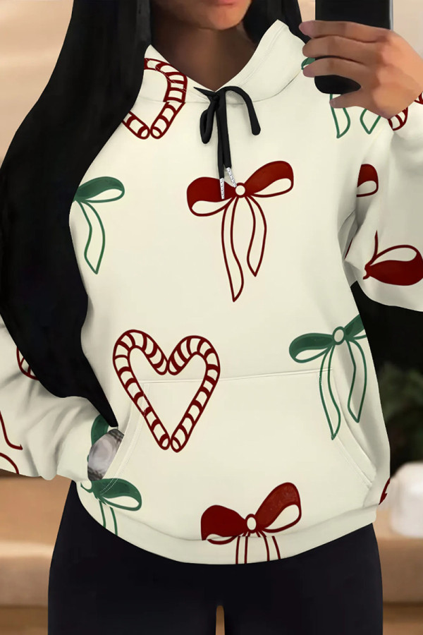 White Green Casual Print Draw String Pocket Patchwork Hooded Tops