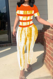 Powder White Casual Print Patchwork O Neck Short Sleeve Two Pieces