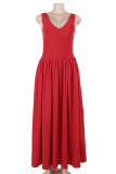Red Elegant Solid Color Patchwork V Neck Long Dresses