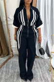 Red Casual Patchwork Contrast Zipper Collar Straight Jumpsuits