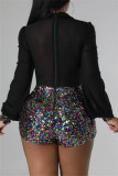 Black Party Patchwork Sequins V Neck Bodycon Rompers