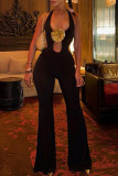 Black Casual Hollow Out Patchwork Flower Shape Halter Regular Jumpsuits