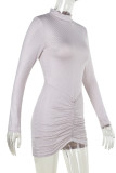 White Casual Solid Color Patchwork Ruched Hot Drill Turtleneck Wrapped Skirt Dresses