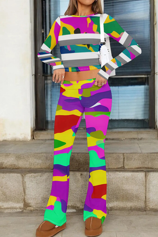 Multi-color Casual Print Patchwork O Neck Long Sleeve Two Pieces