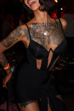 Black Sexy Solid Color Patchwork Backless Spaghetti Strap Sling Dresses
