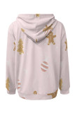 Pink Casual Print Draw String Pocket Patchwork Hooded Tops