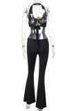 Black Casual Hollow Out Patchwork Flower Shape Halter Regular Jumpsuits
