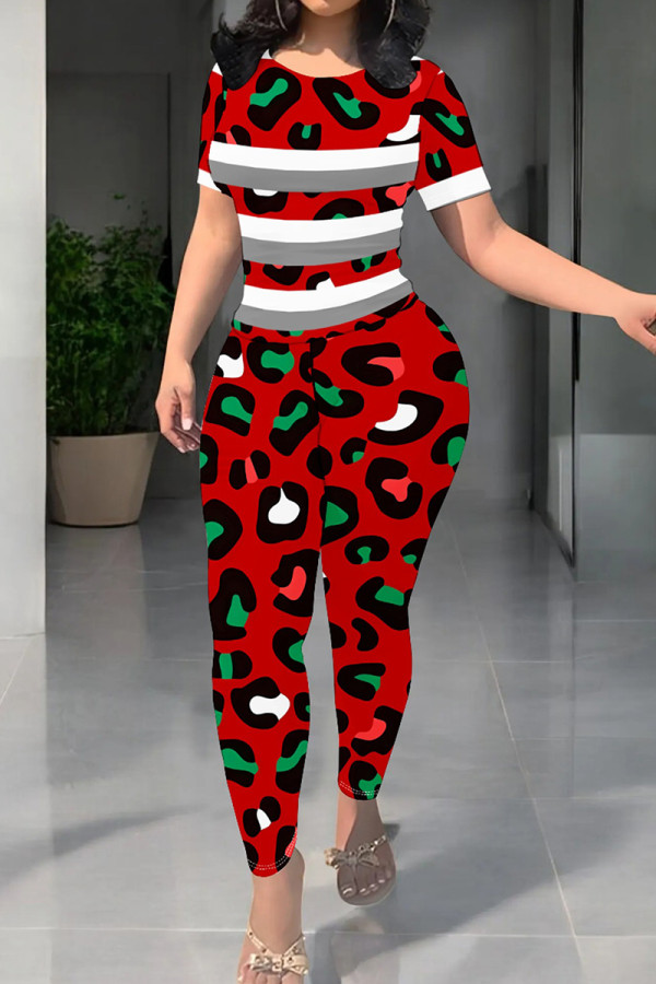Red Casual Print Patchwork O Neck Short Sleeve Two Pieces