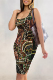 Multicolor Sexy Floral Print Graffiti Print Contrast U Neck Printed Dresses