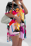 Pink Black Casual Vacation Floral Print Slit Contrast V Neck Short Sleeve Two Pieces