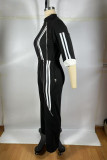 Red Casual Patchwork Contrast Zipper Collar Straight Jumpsuits
