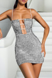 Apricot Sexy Solid Color Hollow Out Backless Hot Drill Spaghetti Strap Sling Dresses