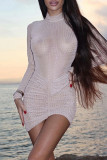 White Casual Solid Color Patchwork Ruched Hot Drill Turtleneck Wrapped Skirt Dresses