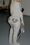 Grey Casual Letters Patchwork Zipper Zipper Collar Long Sleeve Two Pieces