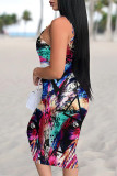 Multicolor Sexy Floral Print Graffiti Print Contrast U Neck Printed Dresses