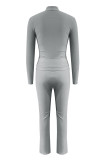 Silver Casual Print Patchwork Zipper Zipper Collar Long Sleeve Two Pieces