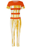 Powder White Casual Print Patchwork O Neck Short Sleeve Two Pieces