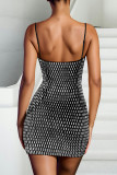 Apricot Sexy Solid Color Hollow Out Backless Hot Drill Spaghetti Strap Sling Dresses
