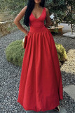 Red Elegant Solid Color Patchwork V Neck Long Dresses