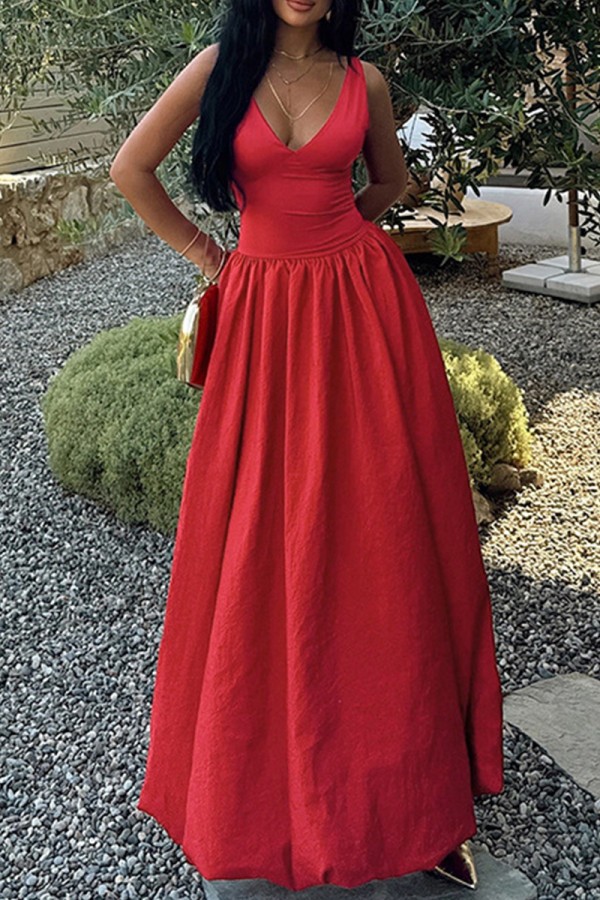 Red Elegant Solid Color Patchwork V Neck Long Dresses