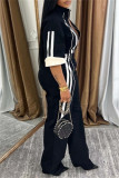 Red Casual Patchwork Contrast Zipper Collar Straight Jumpsuits