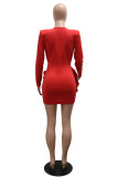 Red Sexy Elegant Solid Color Flowers Hollow Out Deep V Neck Wrapped Skirt Dresses