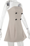 Khaki Sexy Buttons Patchwork Backless Strapless A Line Dresses