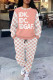 Pink Casual Street Geometric Print Butterfly Letters Draw String Pocket Contrast O Neck Long Sleeve Two Pieces