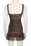 Brown Sexy Leopard Print Patchwork Backless Ruffled Trim Asymmetrical Collar Printed Dresses