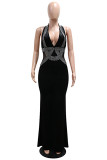 Red Sexy Party Formal Solid Color Patchwork Backless Hot Drill Halter Long Dresses