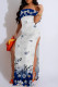 White Sexy Geometric Print Flowers Slit Contrast Off Shoulder Long Dresses