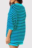 Red Casual Stripe Buckle Patchwork Turndown Collar Half Sleeve Two Pieces