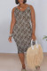 Light Coffee Sexy Letter Print Cartoon Contrast V Neck Printed Dresses
