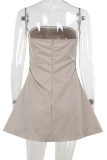 Khaki Sexy Buttons Patchwork Backless Strapless A Line Dresses