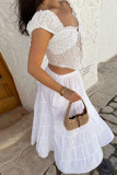 White Sexy Solid Color Lace Patchwork Asymmetrical Collar Tops