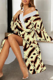 Light Coffee Sexy Geometric Print Snakeskin Print Gradient Lace Up Contrast Sleepwear