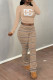 Light Khaki Casual Street Letter Print Stripe Contrast O Neck Long Sleeve Two Pieces