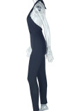 Black Casual Solid Color Hollow Out Patchwork Backless Halter Skinny Jumpsuits