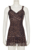 Brown Sexy Leopard Print Patchwork Backless Ruffled Trim Asymmetrical Collar Printed Dresses